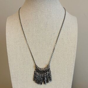 Lia Sophia Feather Fringe Pendant Necklace Antiqued Silver Tone Metal